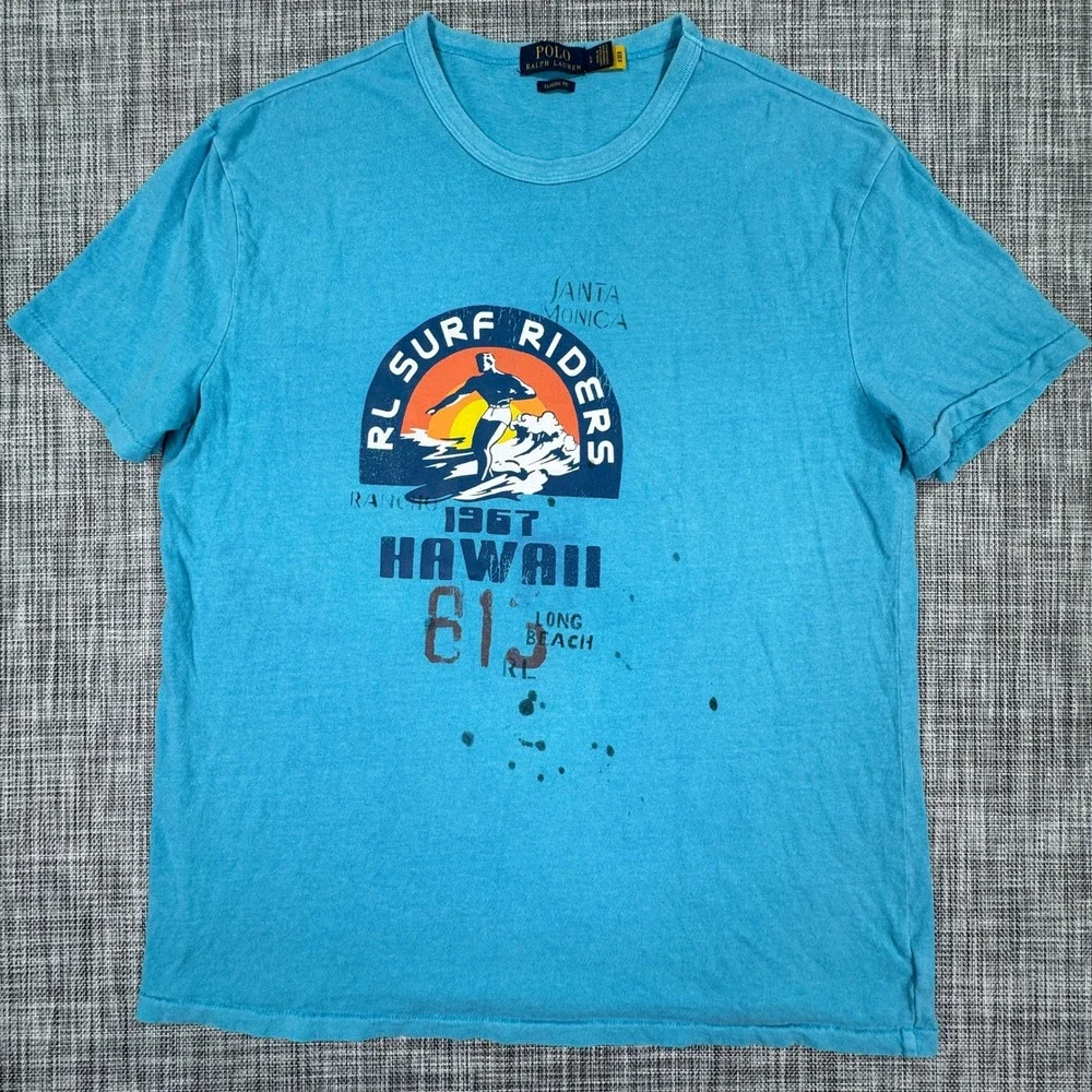 Polo Ralph Lauren Men's Large Blue Hawaii Surf Riders Graphic Tee Classic Fit